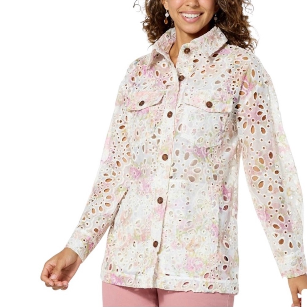 Kathy Ireland Cream Eyelet Floral Shirt Jacket XL NWT Lightweight Layer